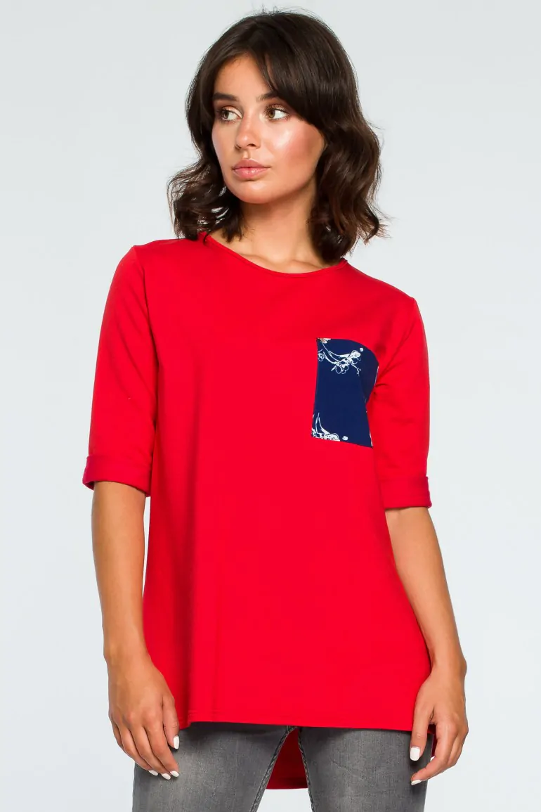 CM3992 Bluzka ze wstawkami w kwiaty - czerwona