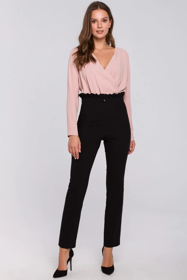 CM4947 Spodnie z wysokim stanem i falbanką - czarne