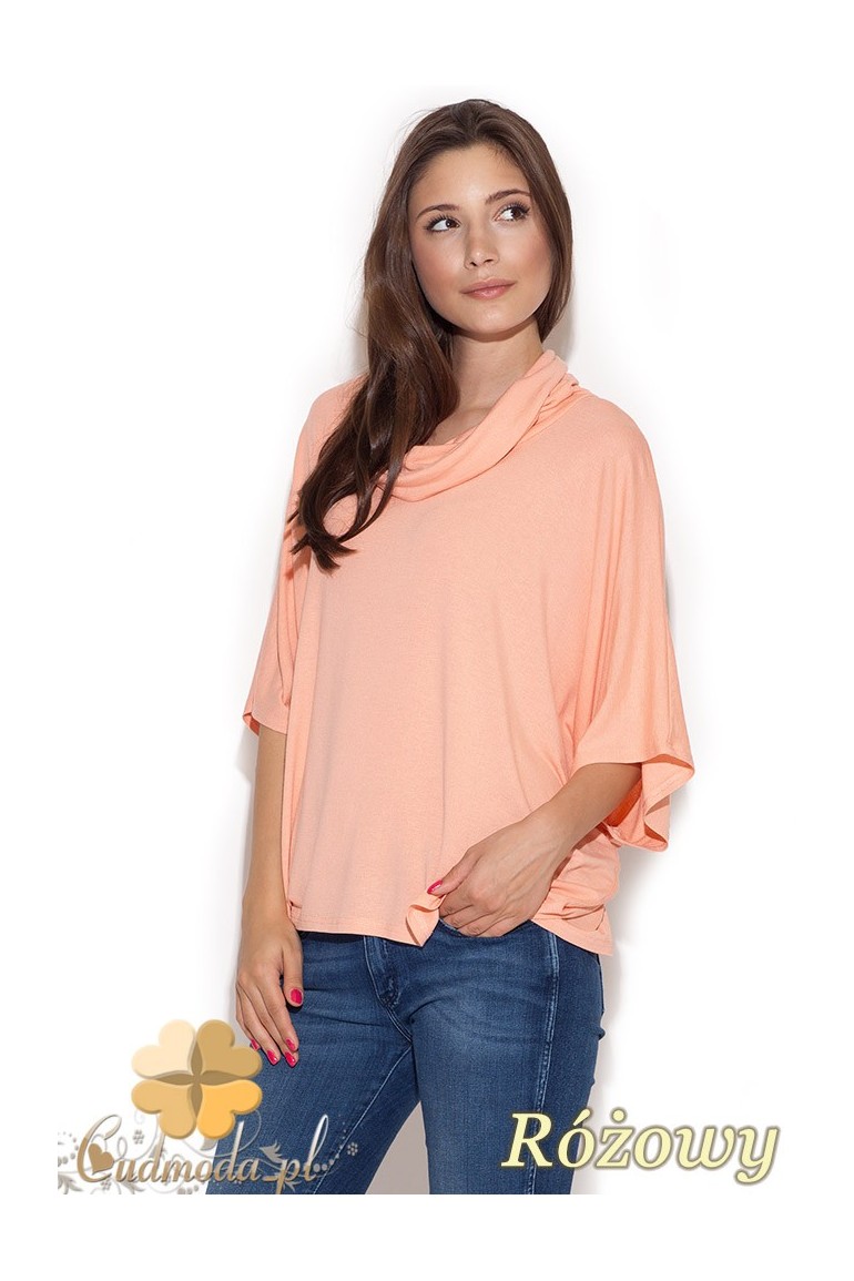 CM1039 Damska bluzka kimono z golfem - różowa