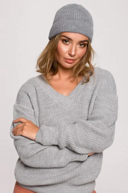Czapka - splot łańcuszek z wywinięciem - szara