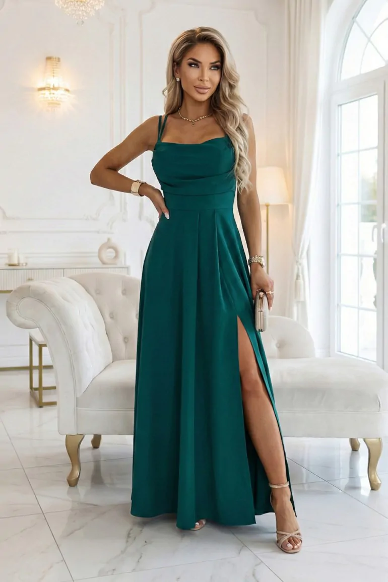 DM1265 Długa sukienka z gorsetowym wiązaniem na plecach - butelkowa zieleń