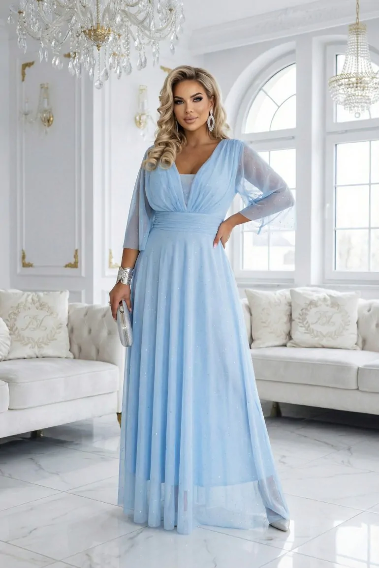 DM1557 Długa połyskująca sukienka z dekoltem - błękitna