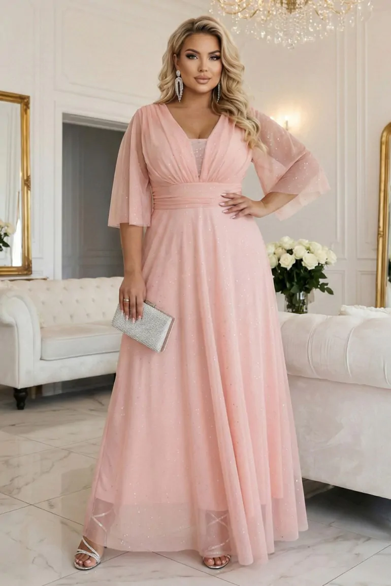 DM1557 Długa połyskująca sukienka z dekoltem - brzoskwiniowa