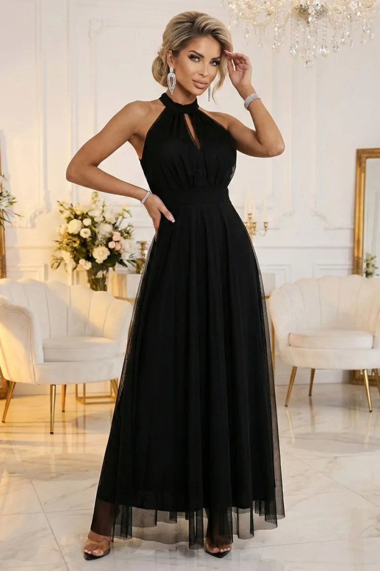 DM1565 Sukienka wieczorowa maxi z dekoltem halter - czarna