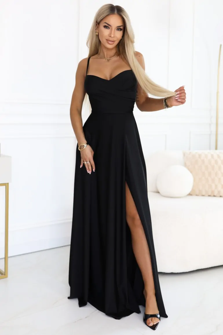 DM1556 Sukienka wieczorowa maxi na ramiączkach - czarna