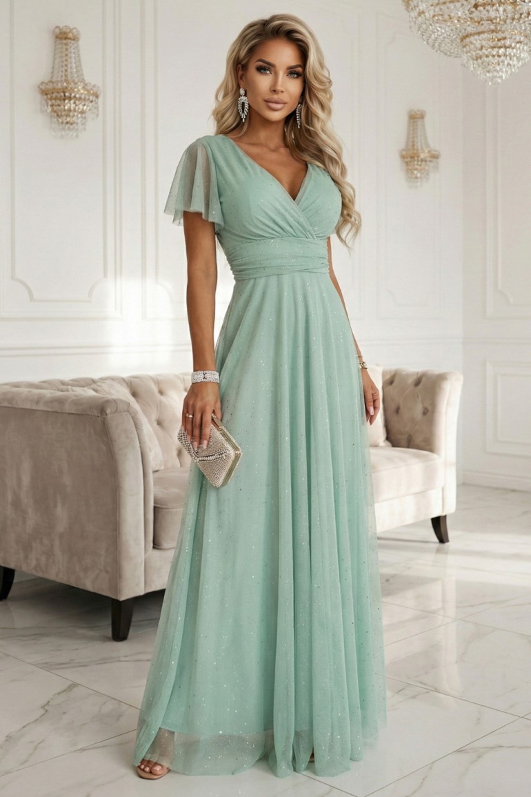 DM1404 Elegancka sukienka maxi z dekoltem V - pistacjowa