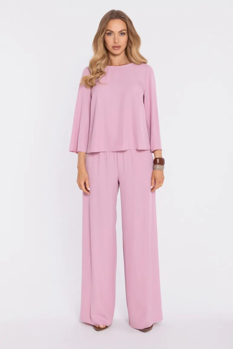 DM1668 Spodnie typu palazzo z wysokim stanem i gumką w pasie - pudrowe