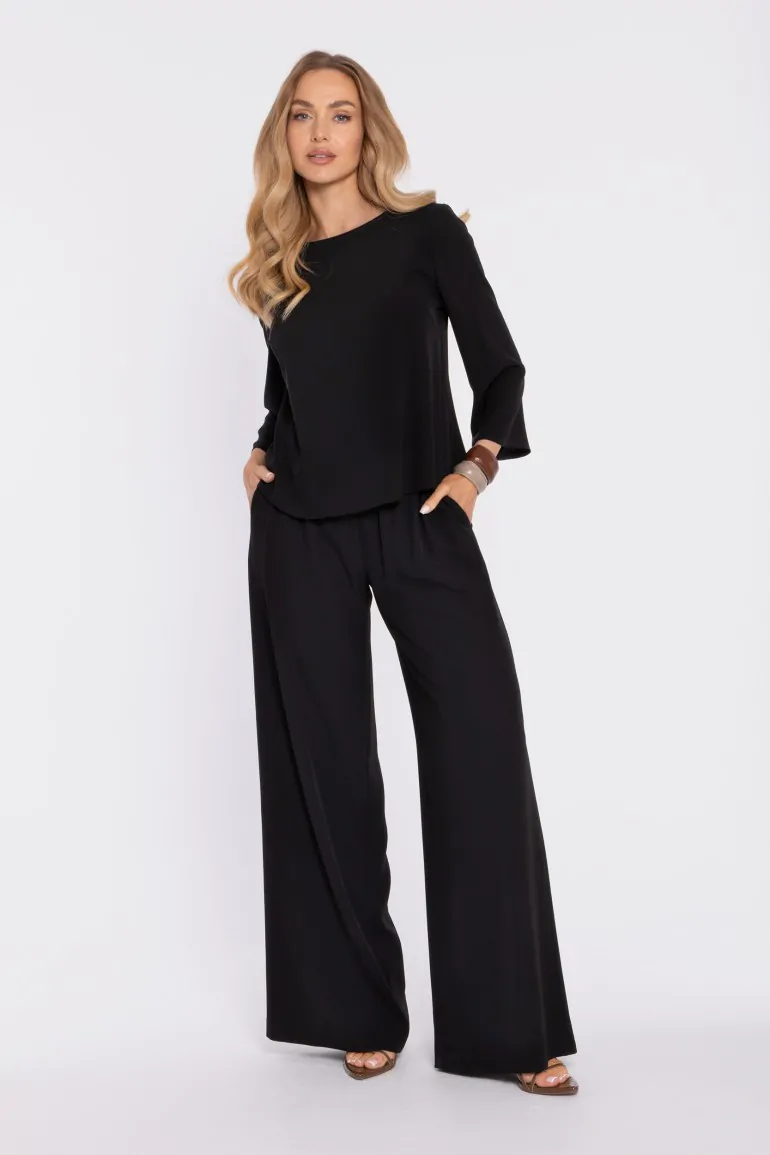 DM1668 Spodnie typu palazzo z wysokim stanem i gumką w pasie - czarne