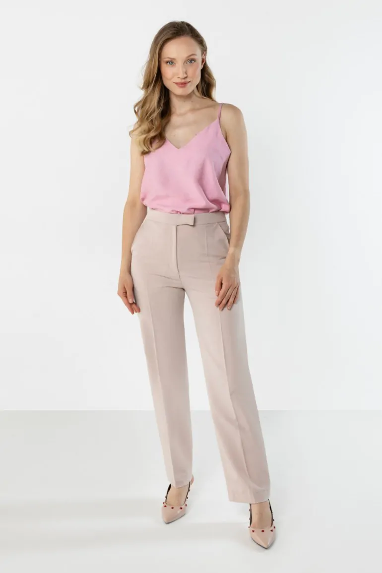 DM1575 Eleganckie spodnie z prostą nogawką i wysokim stanem - beżowe