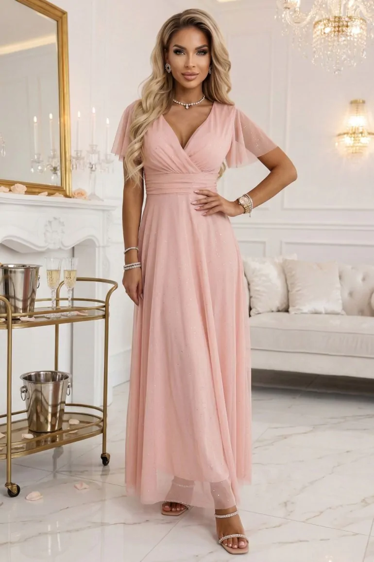 DM1404 Elegancka sukienka maxi z dekoltem V - brzoskwiniowa