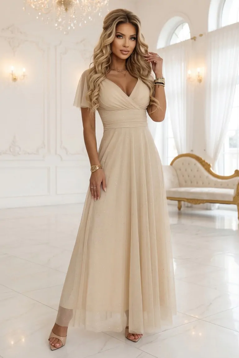 DM1404 Elegancka sukienka maxi z dekoltem V - beżowa