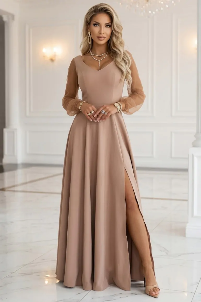 DM1544 Sukienka maxi z tiulowymi rękawami - beżowa