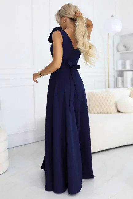 Sukienka wieczorowa maxi z rozcięciem na nogę - granatowa