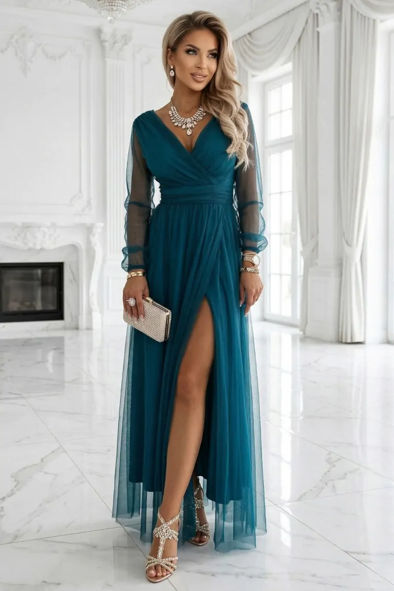 DM1587 Sukienka maxi z tiulowymi rękawami - butelkowa zieleń
