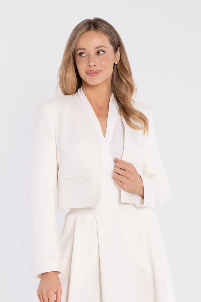 DM1676 Elegancka krótka marynarka bez zapięcia - śmietankowa