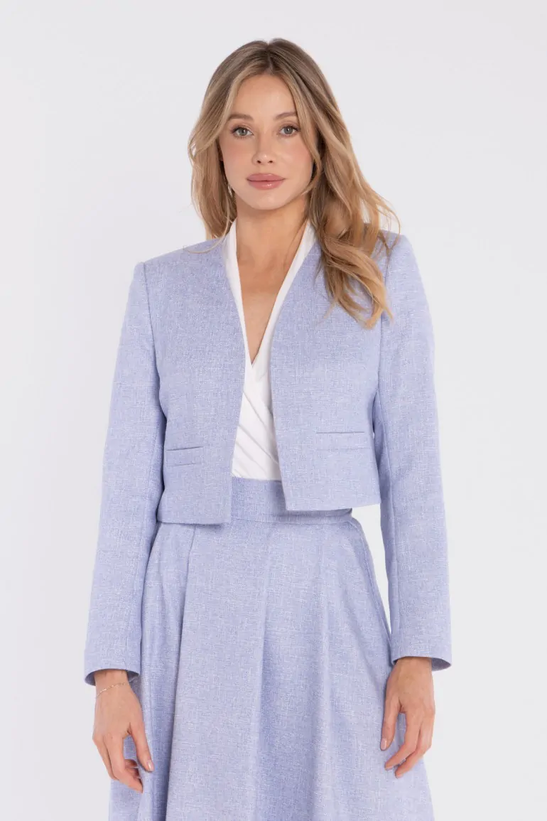 DM1676 Elegancka krótka marynarka bez zapięcia - błękitna