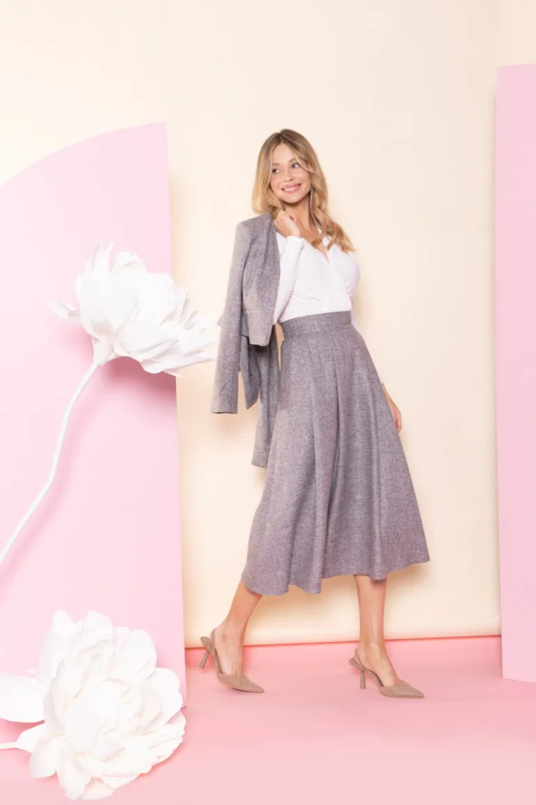 DM1677 Rozkloszowana spódnica midi z wysokim stanem - grafitowa