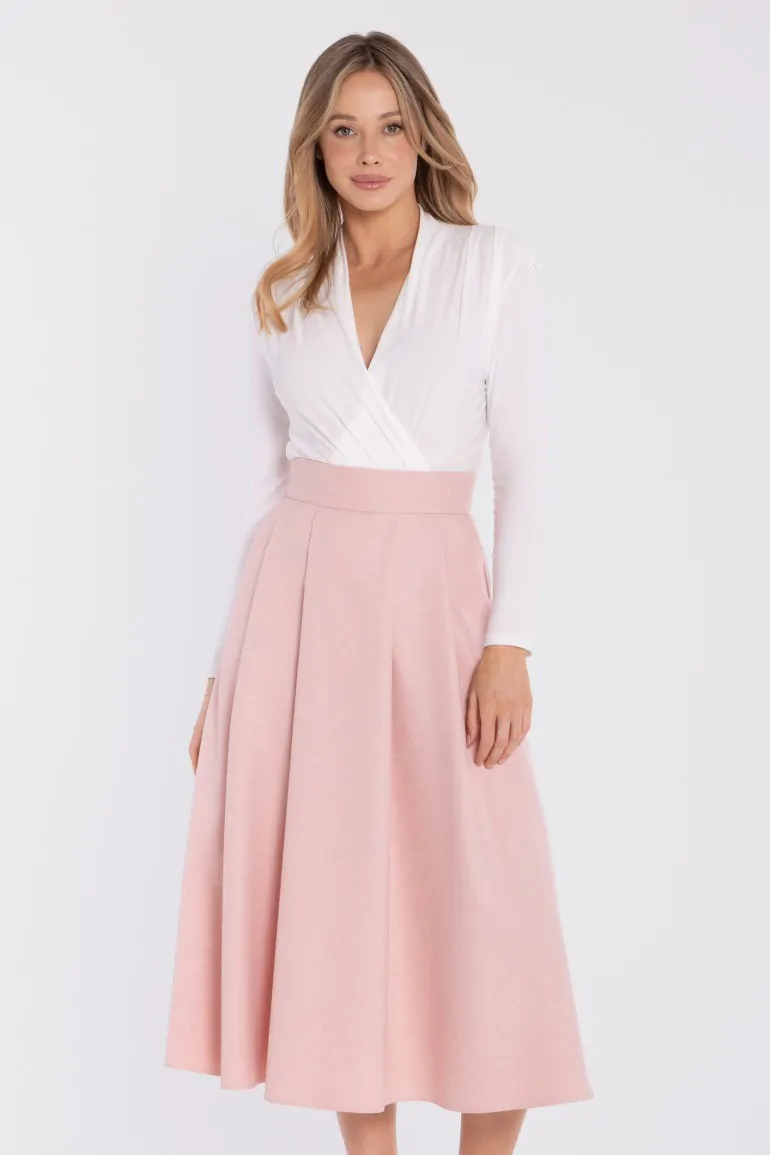 DM1677 Rozkloszowana spódnica midi z wysokim stanem - brzoskwiniowa