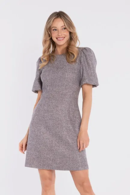 Sukienka tweedowa mini z bufiastymi rękawami - grafitowa DM1678 Sukienka tweedowa...