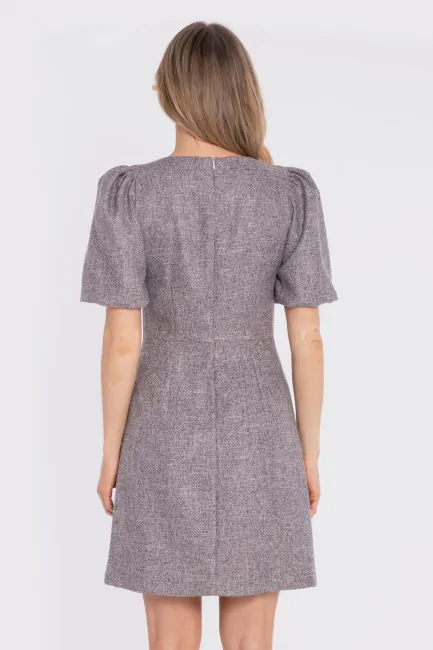 Sukienka tweedowa mini z bufiastymi rękawami - grafitowa