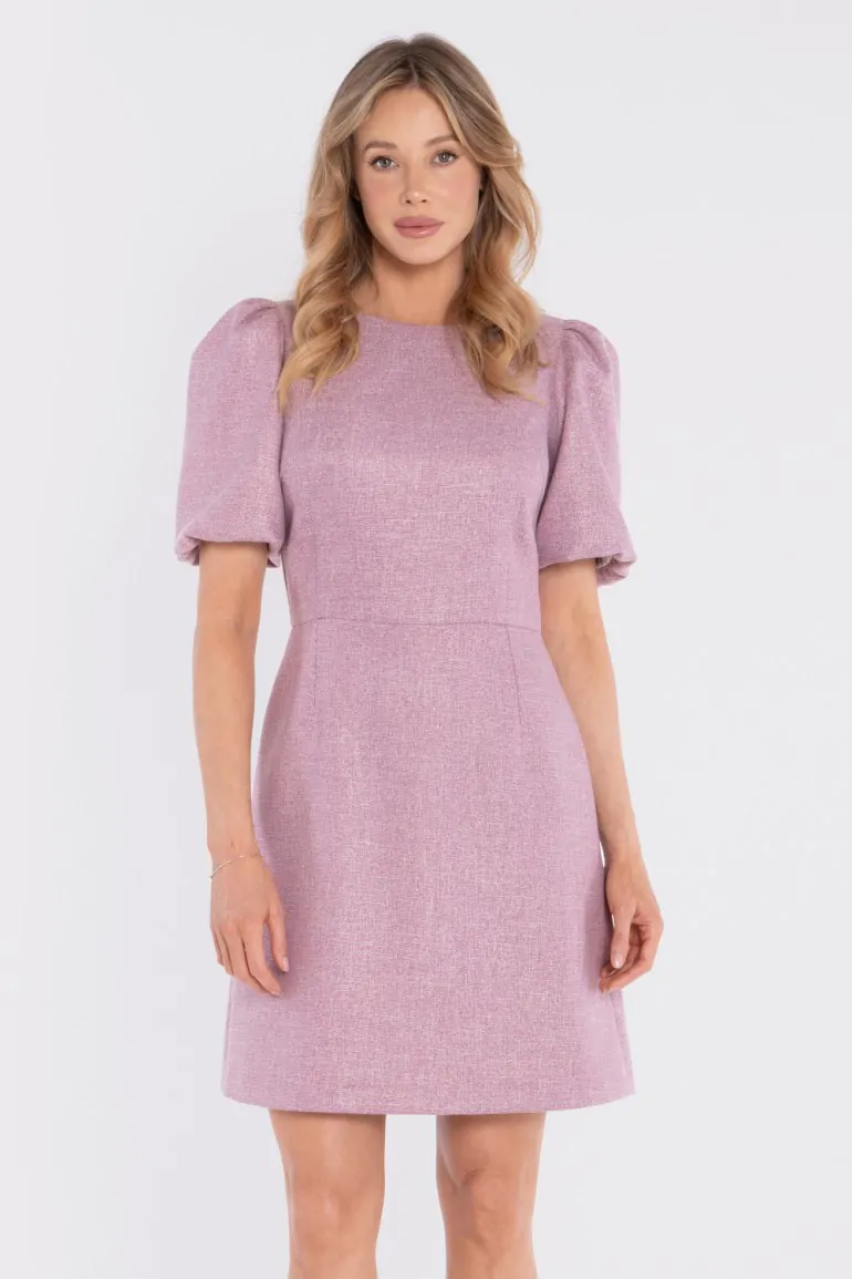 DM1678 Sukienka tweedowa mini z bufiastymi rękawami - marsala