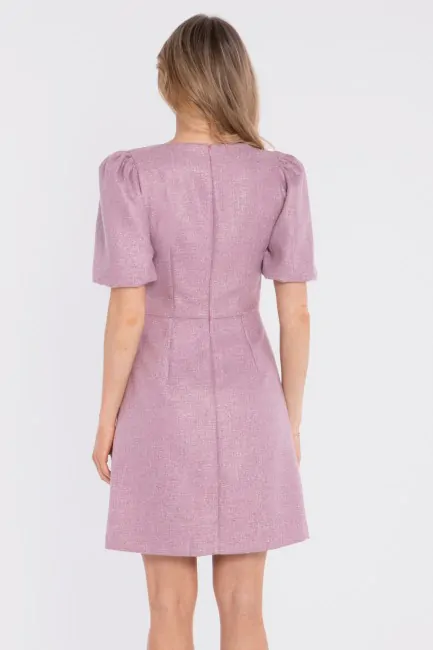 Sukienka tweedowa mini z bufiastymi rękawami - marsala