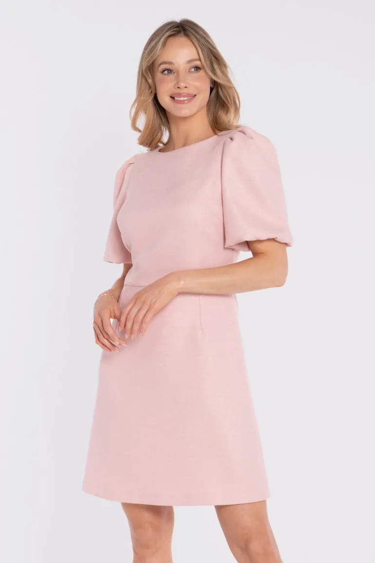 DM1678 Sukienka tweedowa mini z bufiastymi rękawami - brzoskwiniowa