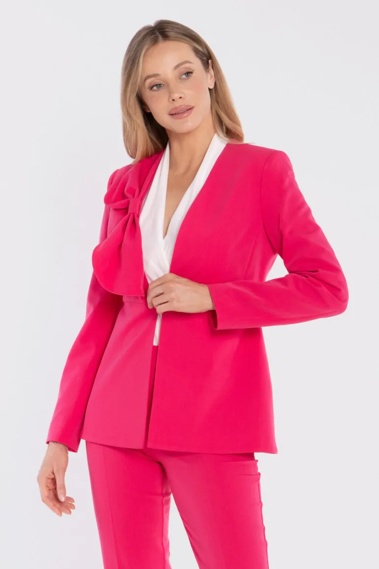 DM1679 Elegancka marynarka z ozdobną kokardą - różowa