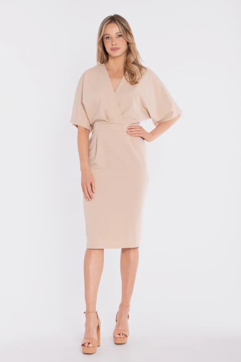 DM1681 Sukienka kopertowa midi z krótkimi rękawami - beżowa