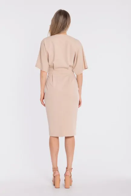 Sukienka kopertowa midi z krótkimi rękawami - beżowa