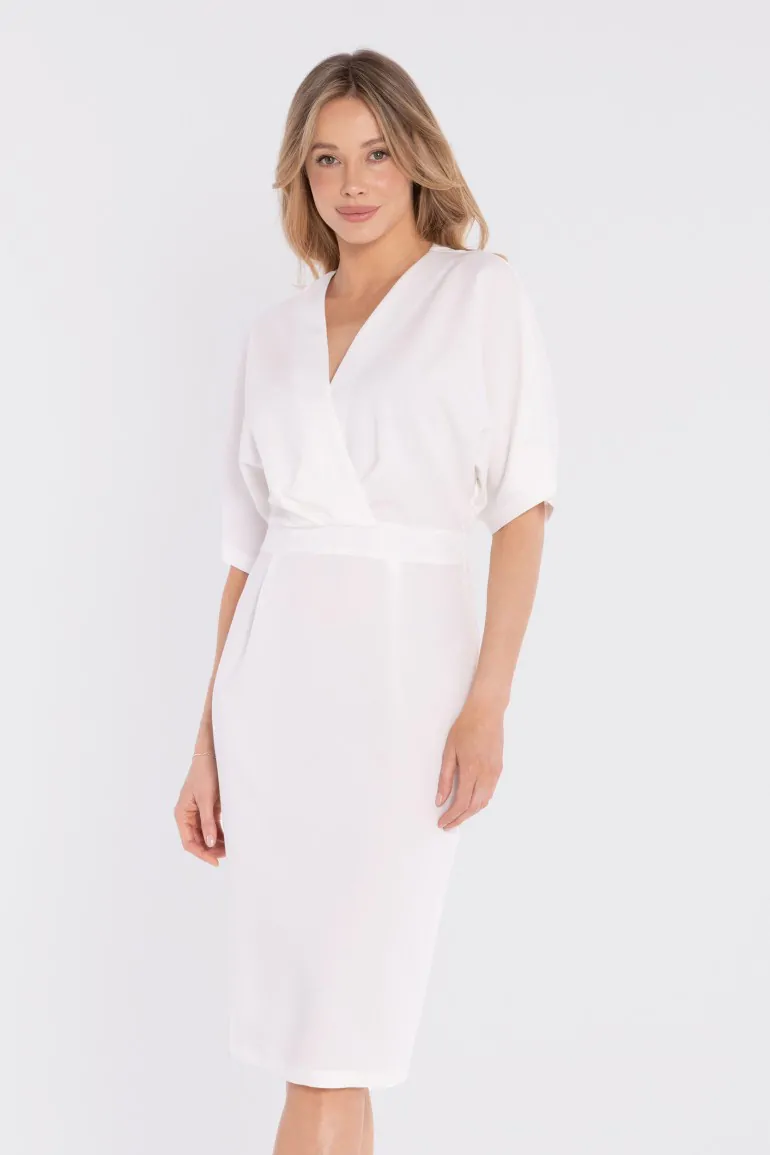 DM1681 Sukienka kopertowa midi z krótkimi rękawami - ecru