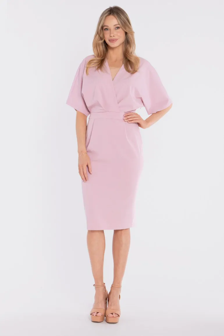 DM1681 Sukienka kopertowa midi z krótkimi rękawami - liliowa