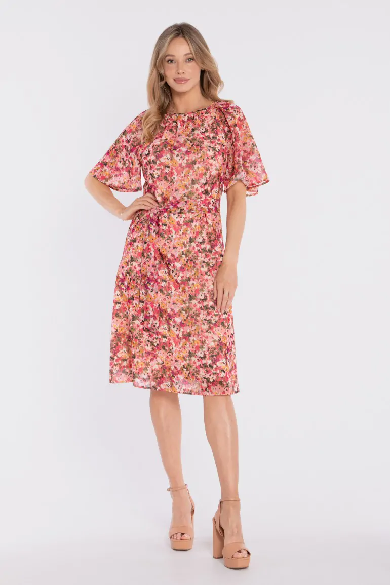 DM1682 Zwiewna sukienka midi z paskiem w talii - model 1