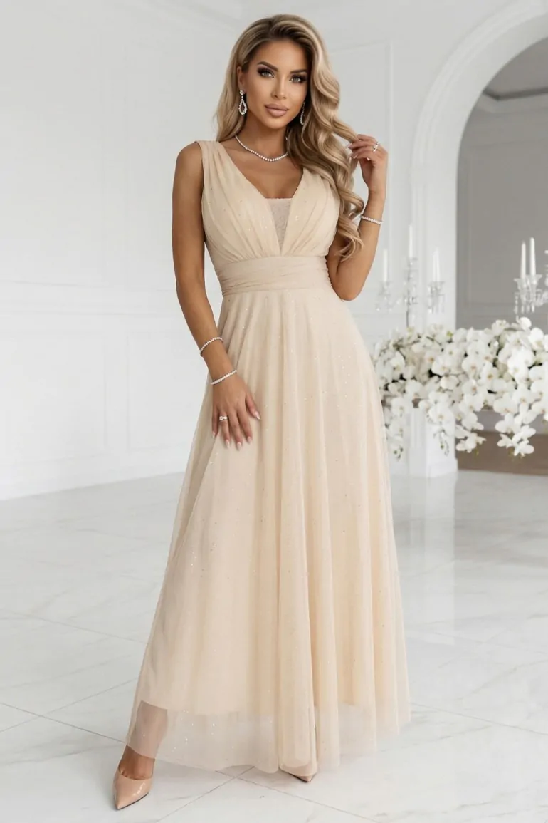 DM1402 Elegancka sukienka wieczorowa maxi - beżowa