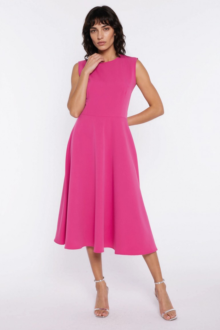 DM1592 Trapezowa sukienka midi z okrągłym dekoltem - różowa