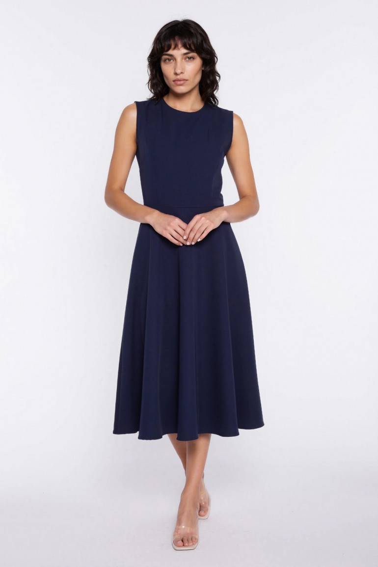 DM1592 Trapezowa sukienka midi z okrągłym dekoltem - granatowa