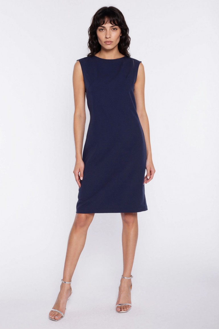 DM1601 Sukienka midi z dekoltem typu łódka - granatowa
