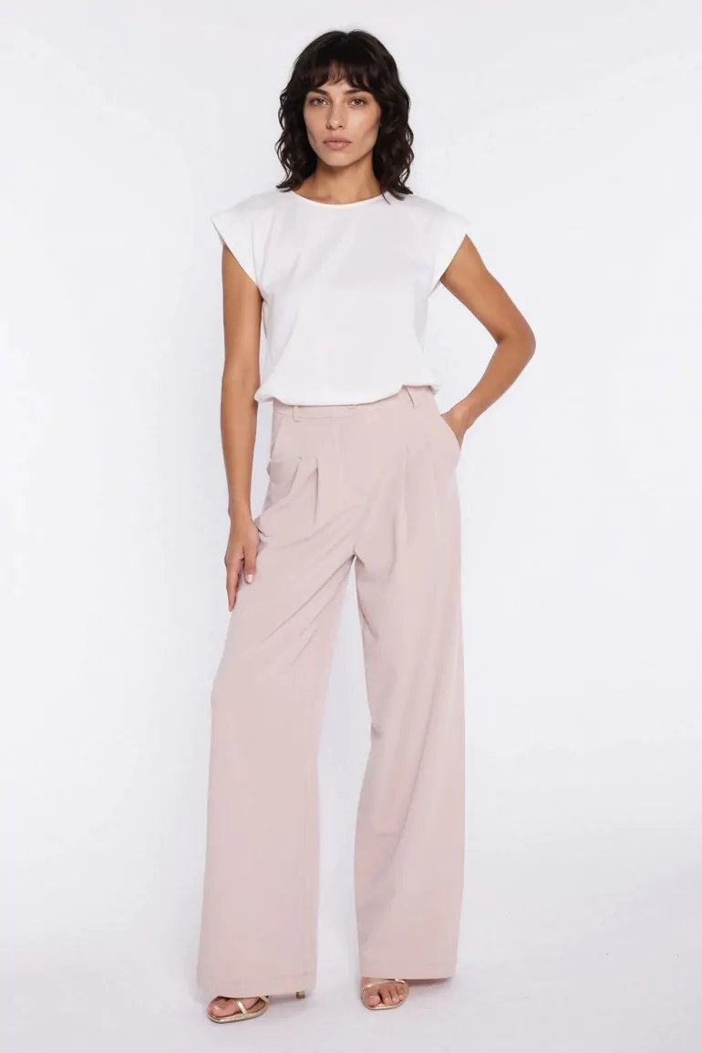 DM1603 Spodnie z szerokimi nogawkami i kieszeniami - beżowe