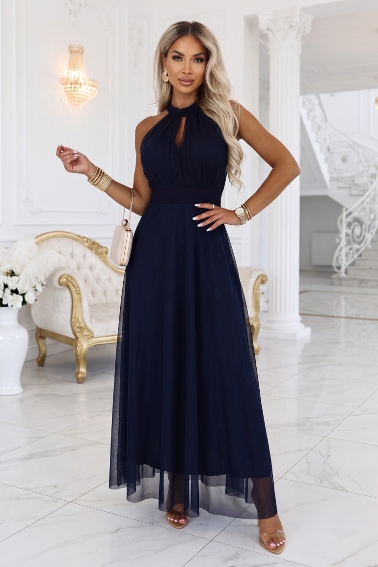 DM1565 Sukienka wieczorowa maxi z dekoltem halter - granatowa