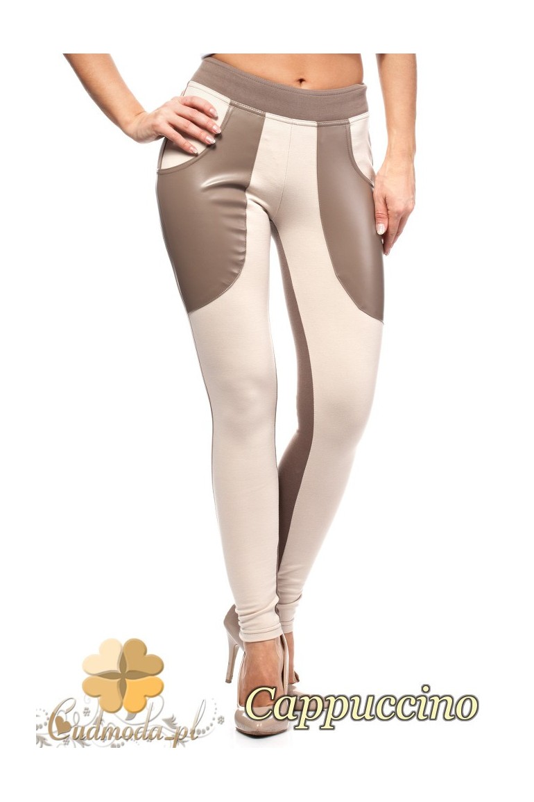 CM1002 Legginsy wykonane z połączenia dzianiny ze skórą - cappuccino