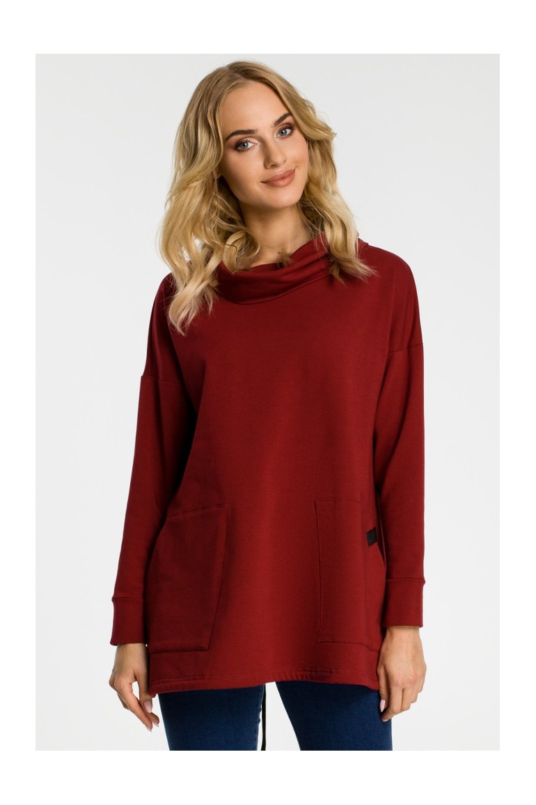 CM3309 Bluza oversize z kominem i kieszeniami - bordowa