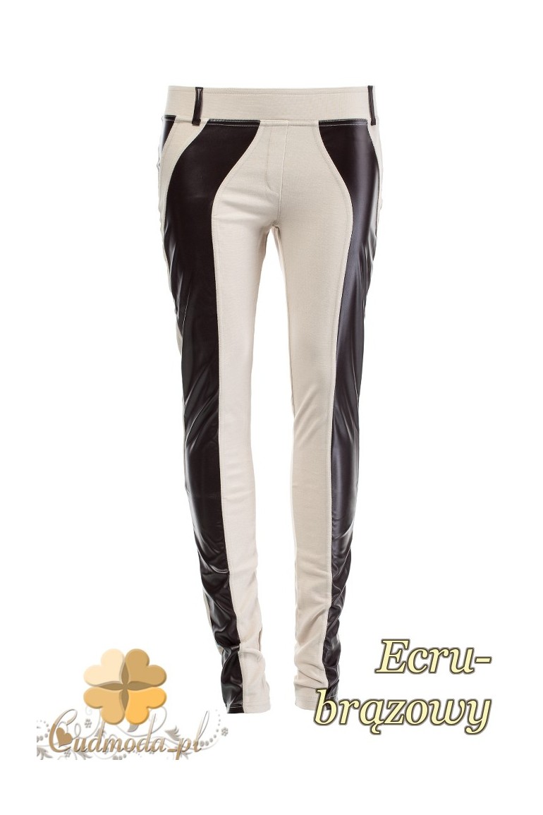 CM0237 Legginsy ze skórzaną wstawką - ecru-brązowe