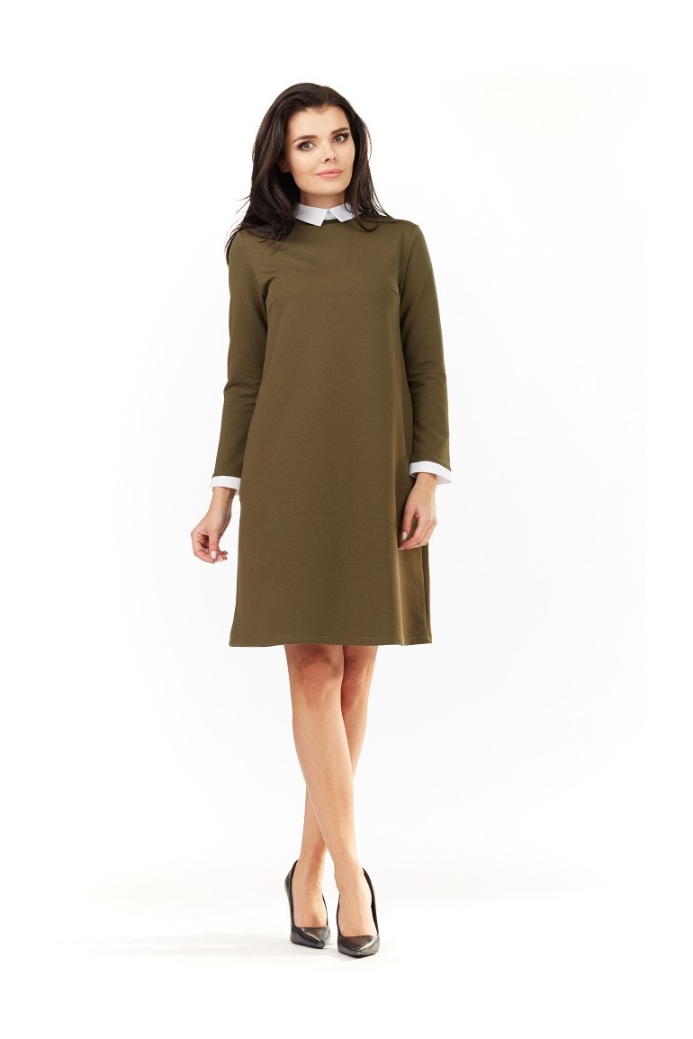 CM3484 Trapezowa sukienka z kołnierzykiem - khaki