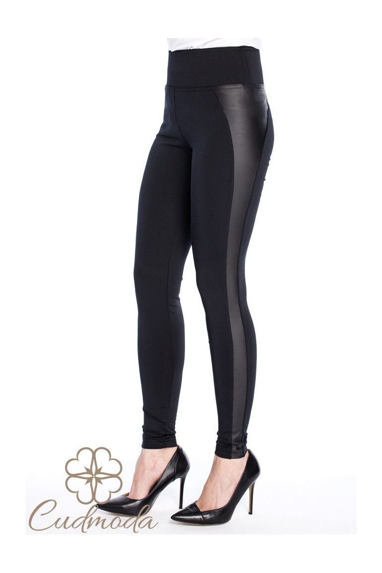 CM2997 Eleganckie legginsy ze skórzaną wstawką - czarne