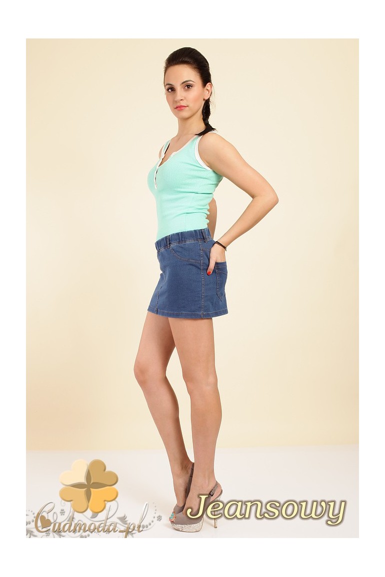 CM0259 Włoska mini spódniczka jeans z kieszeniami - jeansowa