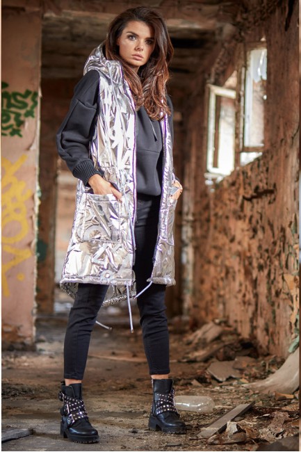 Długa kamizelka z kapturem - srebrna CM4890 Długa kamizelka z...