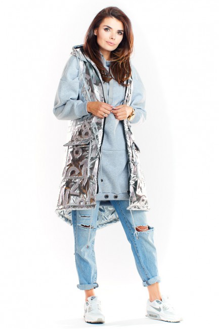 Długa kamizelka z kapturem - srebrna