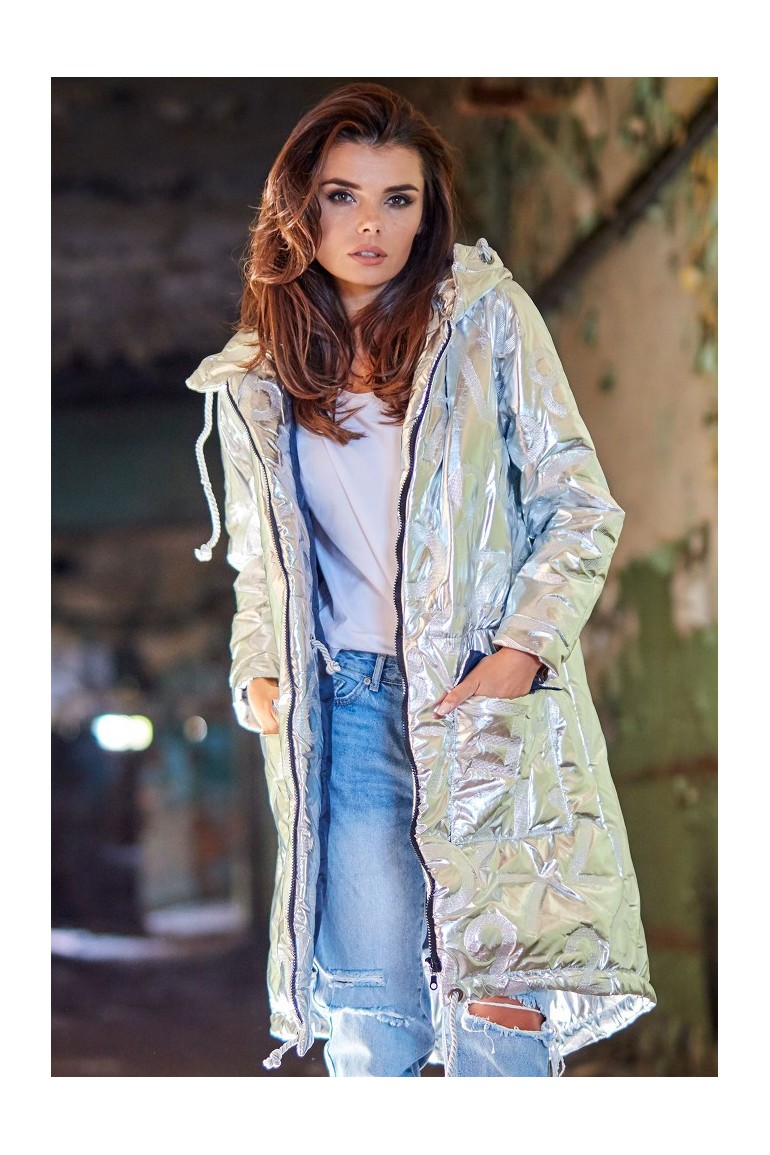 CM4897 Kurtka oversize z kapturem - srebrna