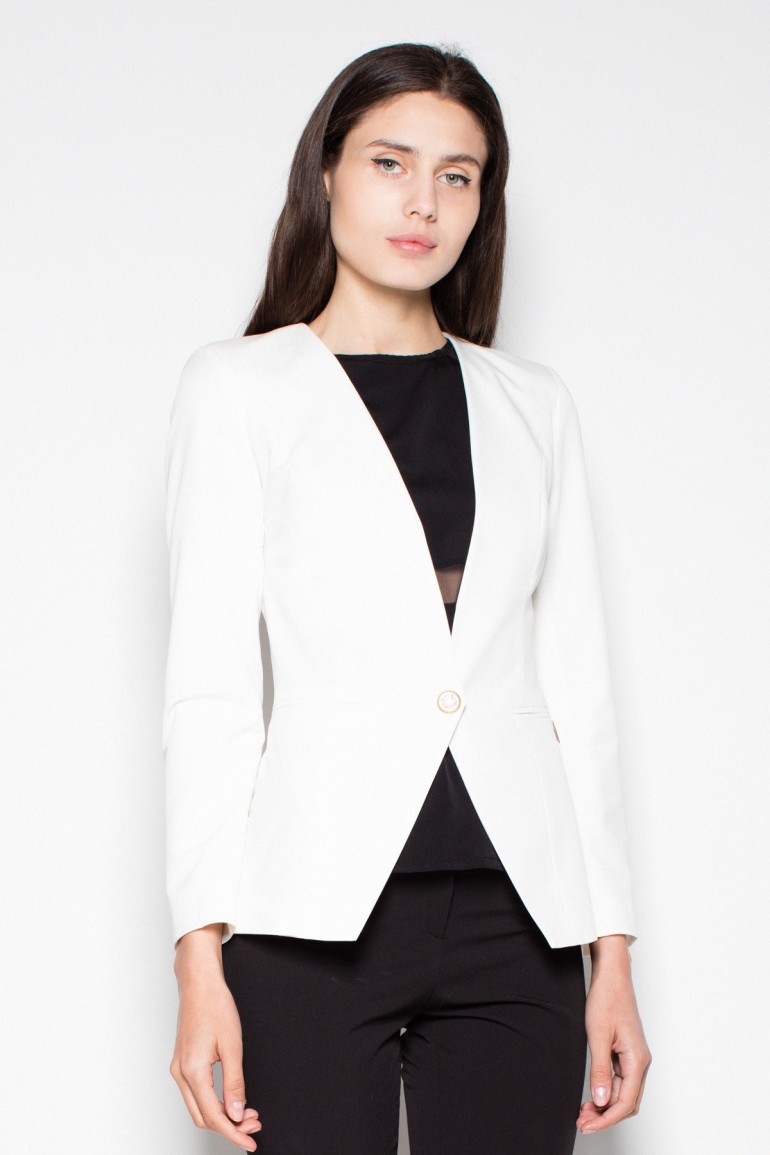 CM2991 Elegancki taliowany żakiet zapinany na guzik - ecru