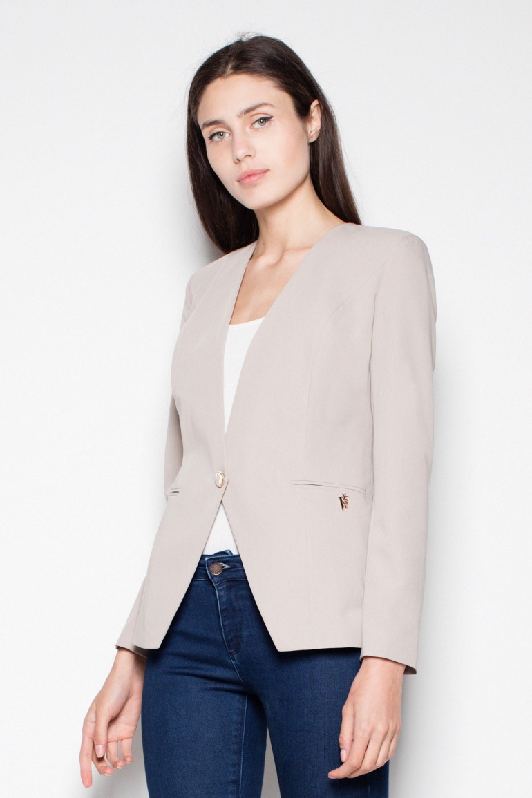 CM2991 Elegancki taliowany żakiet zapinany na guzik - beżowy